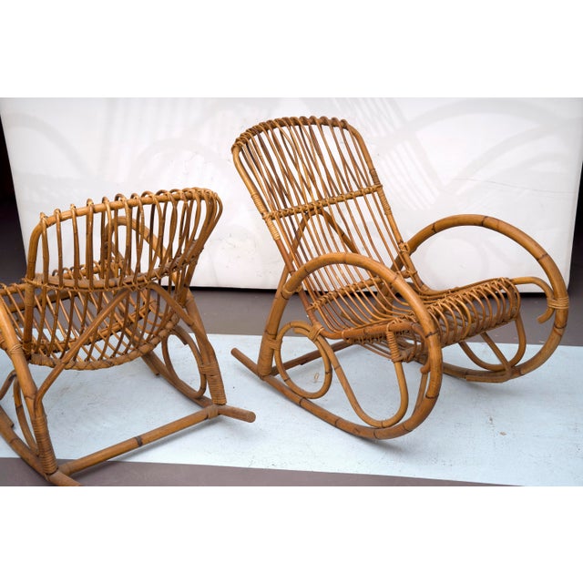 1950s Set of Rattan and Bamboo Rocking Chairs in the style of Franco Albini, Italy, 1950s For Sale - Image 5 of 17
