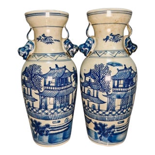 Blue and White Porcelain Vases With Landscape Motif - Set of 2 For Sale