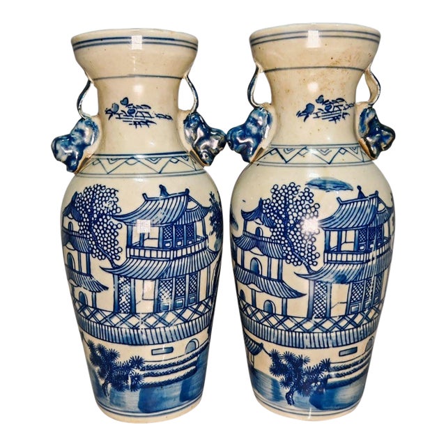 Blue and White Porcelain Vases With Landscape Motif - Set of 2 For Sale