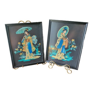 Vintage Geisha Painted on Black Felt in Matching Frames 1950s - Set of 2 For Sale