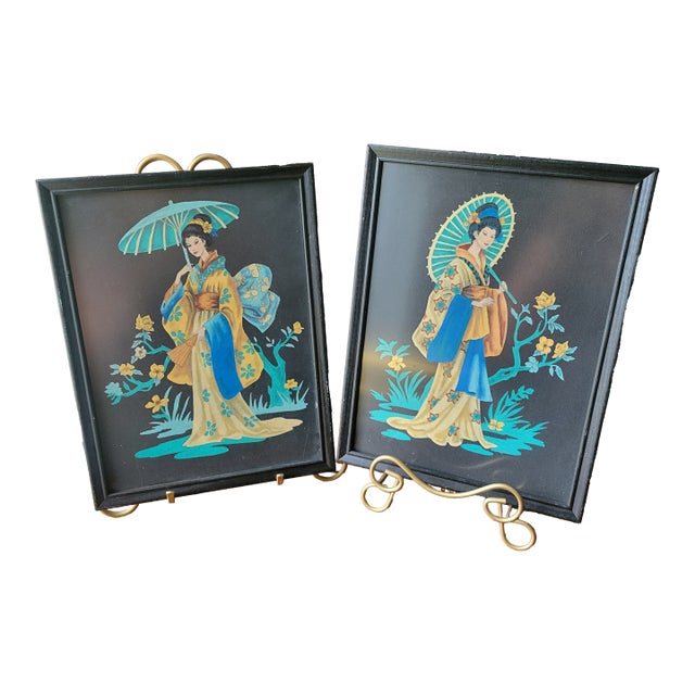Vintage Geisha Painted on Black Felt in Matching Frames 1950s - Set of 2 For Sale