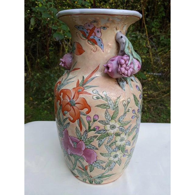 Ceramic Vintage Chinese Ceramic Vase W/Butterflies, Flowers & Pomegranate Fruit Handles For Sale - Image 7 of 12