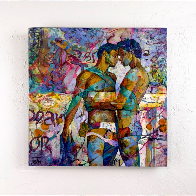 Contemporary Honest Convergence by Jon Wassom | Mixed Media on Panel of two men embracing For Sale - Image 3 of 5