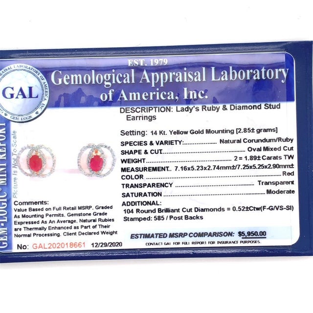 Diamond Ruby Stud Earrings 14 Karat Yellow Gold 2.41 TCW Certified For Sale - Image 14 of 17