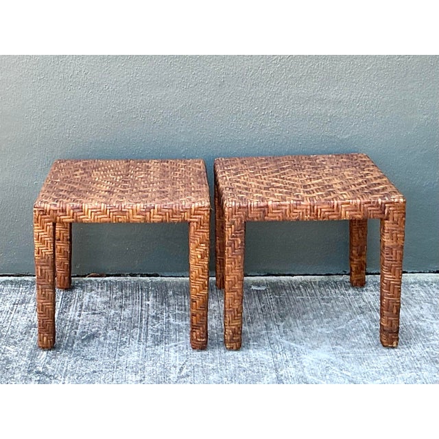 Brown Vintage Woven Rattan Side Tables - A Pair For Sale - Image 8 of 12