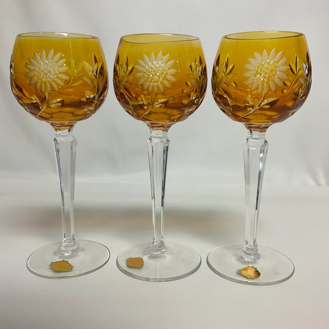Mid-Century Hollywood Regency German Amber Hand Cut Crystal Wine Glasses - Set of 8. For Sale - Image 6 of 12
