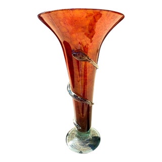 Hand-Blown 20" Amber Red Art Glass Trumpet Vase Applied Serpentine Spiral For Sale