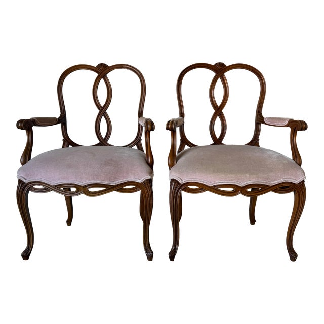1970s Vintage Hollywood Regency Italian Carved Ribbon and Shell Back Walnut Armchairs - A Pair For Sale