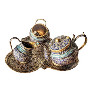 Mid 19th Century Kashmiri Tilted and Lacquered 5 Piece Coffee or Tea Service For Sale