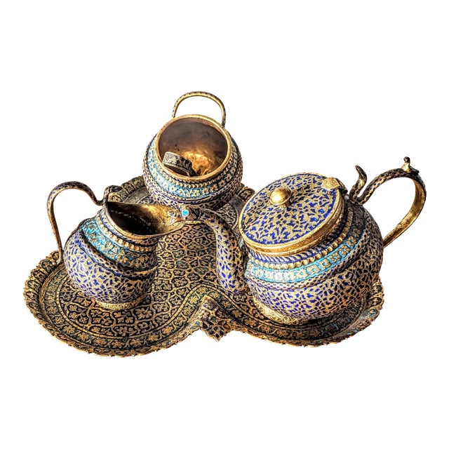 Mid 19th Century Kashmiri Tilted and Lacquered 5 Piece Coffee/Tea Service For Sale