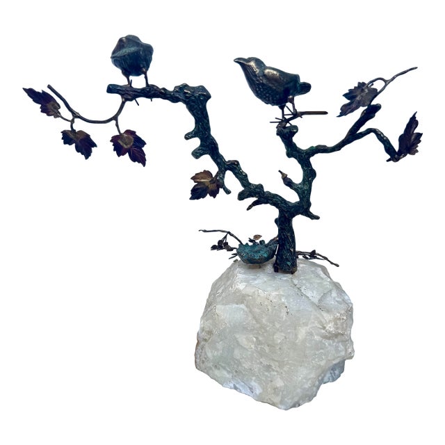 Unusual Vintage Mid Century Modern Brass Tree Birds Nest Eggs Sculpture With Marble Base For Sale