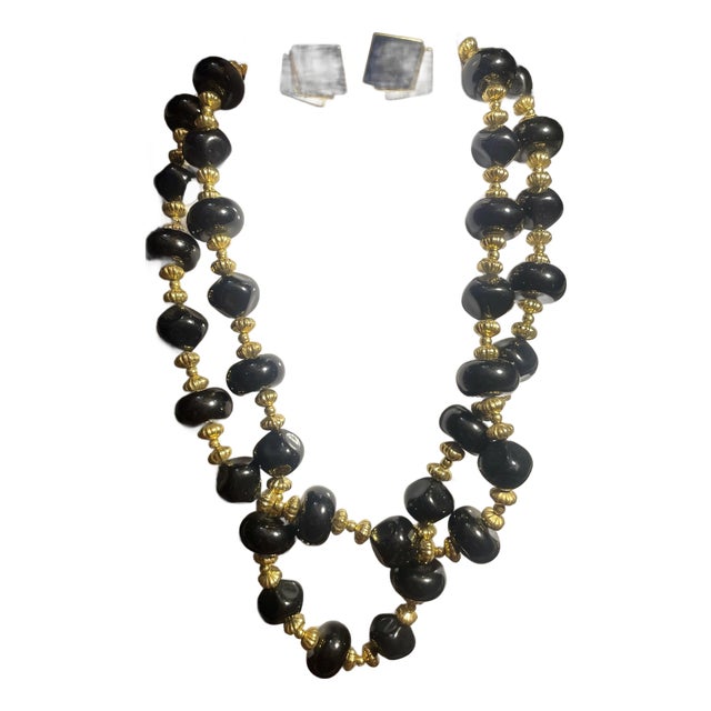 Vintage 1980s–1990s Trifari Black Enamel & Gold-Tone Geometric Bead Demi-Parure For Sale
