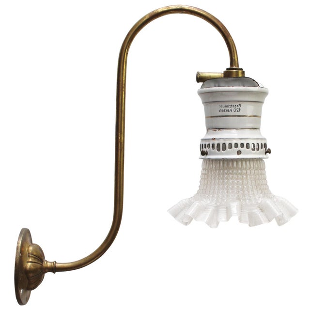 German Holophane Glass Brass and Enamel Converted Gas Wall Lamp, 1900s For Sale - Image 6 of 6