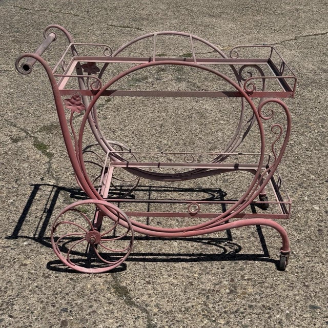 Antique Salterini Mt Vernon Wrought Iron Art Nouveau Pink Serving Bar Tea Cart with Glass Shelves (Glass included). Circa...
