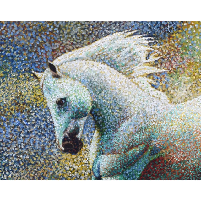 Mid 20th Century Large Vintage Pointilist Oil Painting of a White Horse With Rainbow Color Background For Sale - Image 5 of 6