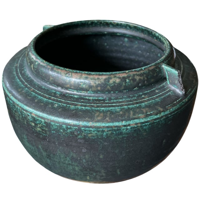 Modern Signed Hand-Thrown Studio Pottery Vase With Verdigris Glaze | Brutalist / Axel Salto–Inspired | Dated 2008 For Sale - Image 3 of 7