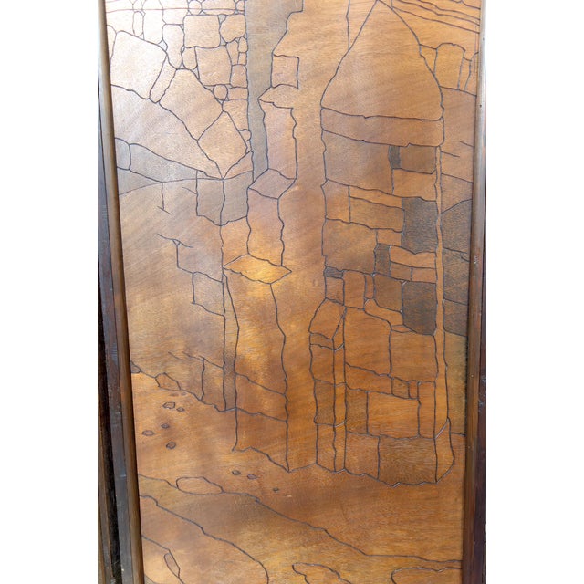 Art Nouveau / Art Deco Pyroengraved Screen with Medieval Mediterranean Townscape, 1930s For Sale - Image 4 of 17