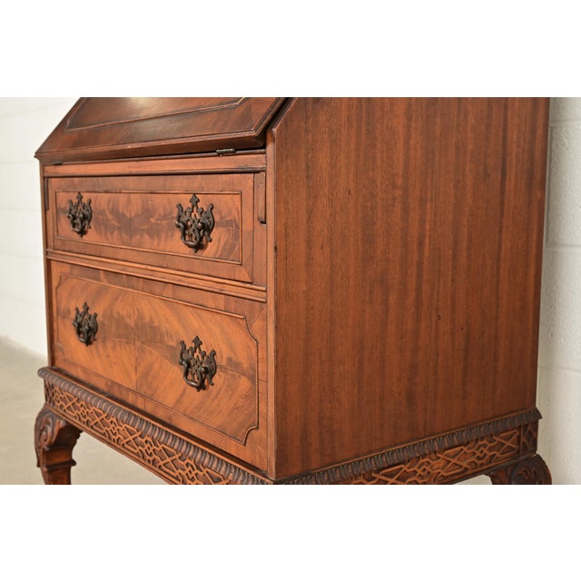 Chippendale Flame Mahogany Drop Front Secretary Desk With Bookcase Hutch by Saginaw Furniture, Circa 1920s For Sale - Image 12 of 18