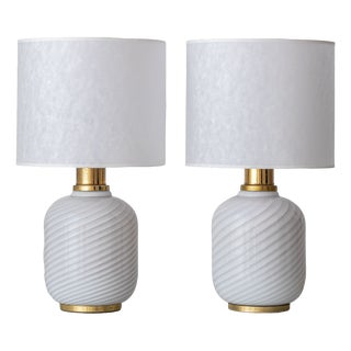 Vintage Murano Glass Opaline Spiral Table Lamps, Italy, 1960s, Set of 2 For Sale