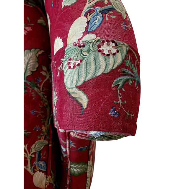 Mid 20th Century Classic Channel Tufted Wing Back Chair, Vintage Charm in a Burgundy Floral Chintz For Sale - Image 11 of 12