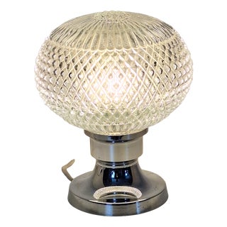 Vintage Table Lamp with Chrome-Plated Metal Base and Clear Relief Glass Shade by Ets, 1970s For Sale