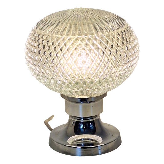 Vintage Table Lamp with Chrome-Plated Metal Base and Clear Relief Glass Shade by Ets, 1970s For Sale