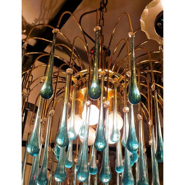 Vintage Gold Rain Chandelier with Handmade Murano Glass Blue Drop, Italy, 1960 For Sale - Image 11 of 13