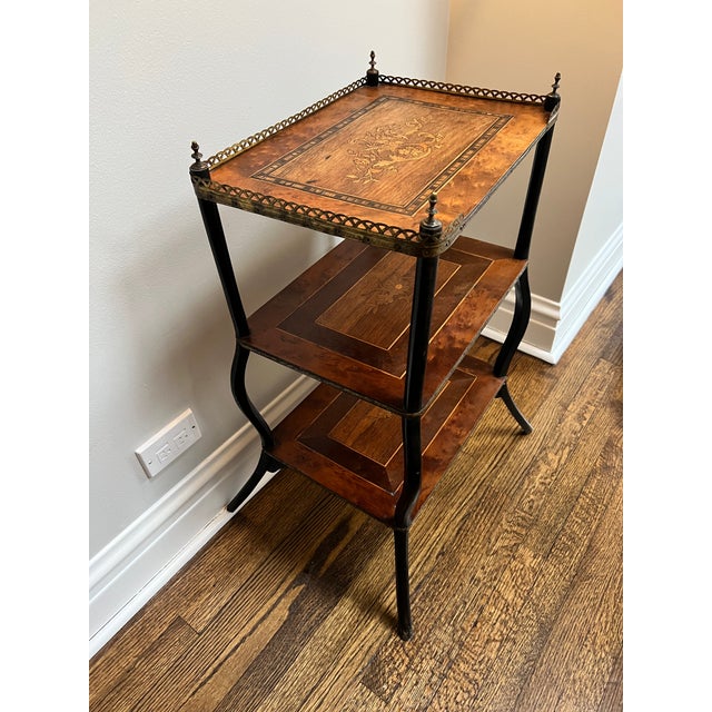 French 18th Century French Louis XVI 3-Tier Marquetry Inlaid Table Etagère With Ebonized Legs For Sale - Image 3 of 8