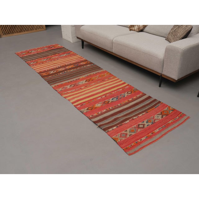 1970s 1970s Vintage Handmade Wool Cotton Red Runner Rug For Sale - Image 5 of 11