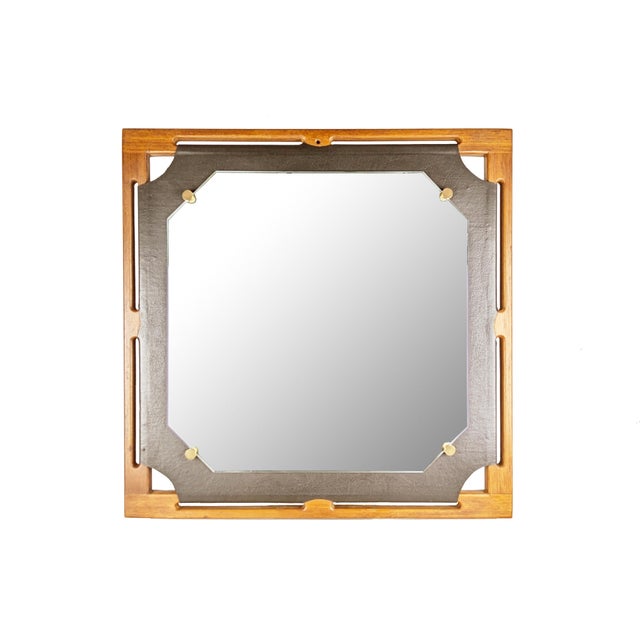 Italian Teakwood & Black Skai Wall Mirror, 1960s For Sale - Image 14 of 14