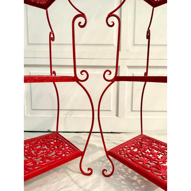 Pair of Chinoiserie Pagoda Form Metal Étagères in Gloss Red For Sale - Image 11 of 11