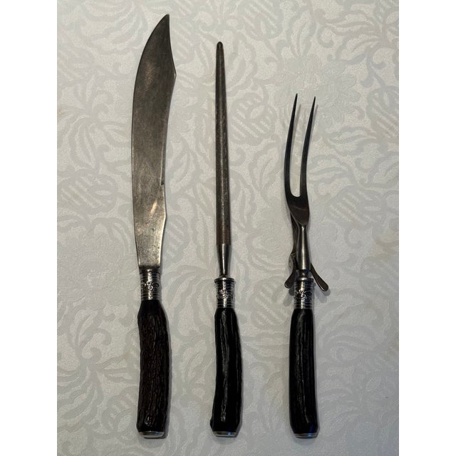 Traditional 1920s Staghorn and Sterling Silver Carving Set- 3 Pieces For Sale - Image 3 of 17