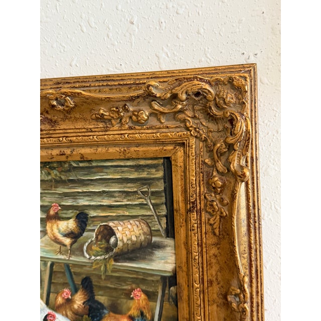 Paint Vintage Signed Rooster and Chickens Oil Painting Farmyard Hen Scene, Gold Frame For Sale - Image 7 of 12
