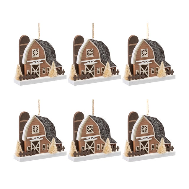 Contemporary Glittered Barn Ornament (Set of 6) For Sale - Image 3 of 3