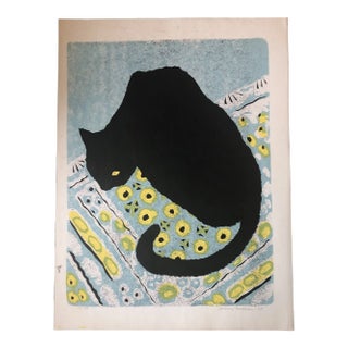 Original 1970’s Black Cat Modernist Lithograph Print Signed For Sale