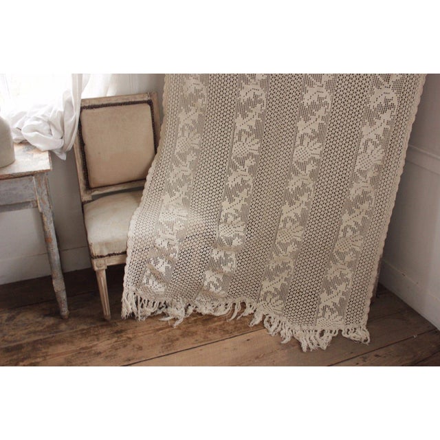 1920s Vintage French Filet Handmade Crochet Lace Throw Blanket W