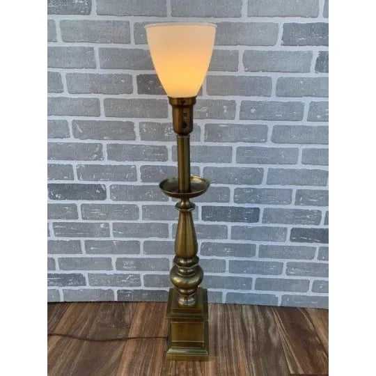 Vintage Brass Torchiere Table Lamp With Milk Glass Shade For Sale In Chicago - Image 6 of 12