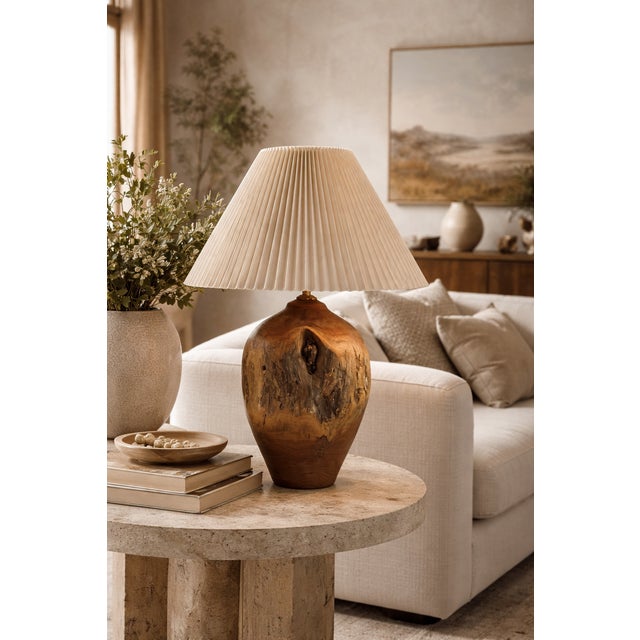 Incredible, one of a kind, turned hardwood lamp with vintage pleated shade. Burled and beautiful, organic and modern, this...