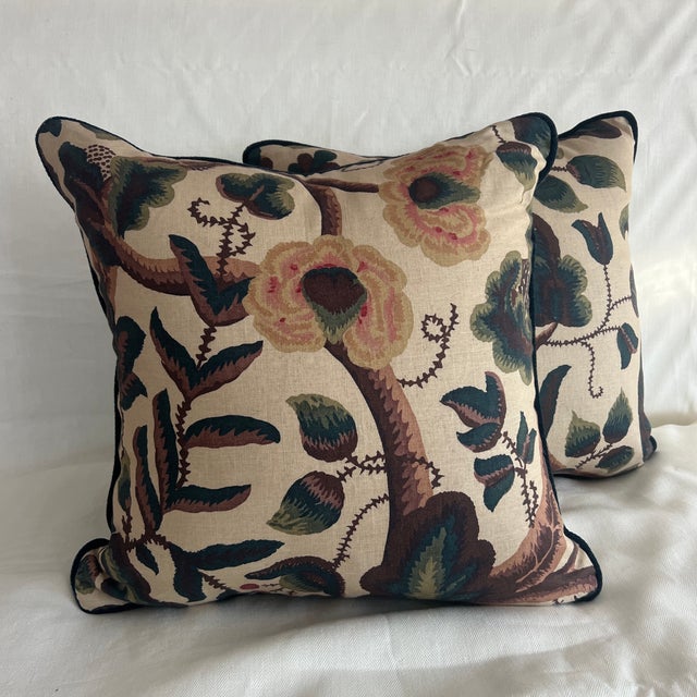 Custom Designed Claremont Tree of Life Linen Pillows With Mohair Velvet Welt Down Inserts - A Pair Back is a fine quality...