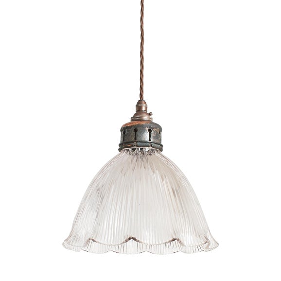 Antique Reclaimed Holophane Glass Pendant Light, 1950s For Sale