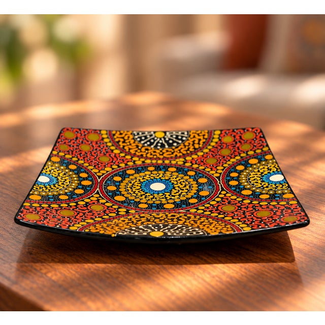 Folk Art Kepingke Art Hand-Painted Australian-Inspired Dot Art Ceramic Plate For Sale - Image 3 of 6