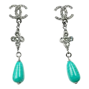Chanel Brand New Gunmetal CC Crystal Green Stone Long Piercing Earrings