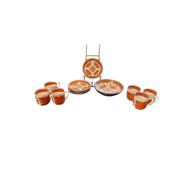 Vintage Japanese Tea Set With Decorative Bowl in Orange and Gold-Gilded Floral Pattern- 13 Pieces For Sale - Image 12 of 12