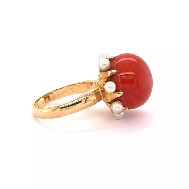 Coral & Seed Pearls Cocktail 14k Yellow Gold Ring - Size 5 For Sale - Image 4 of 7