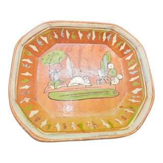 Vintage 50s Mexican a.b. Tlaquepaque Redware Handpainted Terra Cotta Lg Dish W Rabbit For Sale
