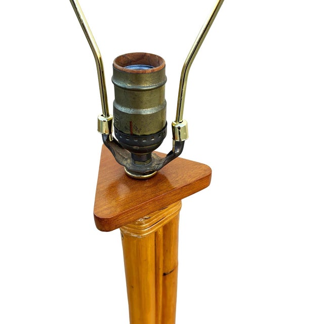 1950s Mid-Century Modern RestoredThree-Pole Rattan Floor Lamp W/ Mahogany Base For Sale In Los Angeles - Image 6 of 9