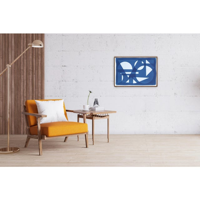 Paper 2022, Space Age Style Monotype " Futurist Transparent Shapes", Handmade Unique Cyanotype on Watercolor Paper For Sale - Image 7 of 9