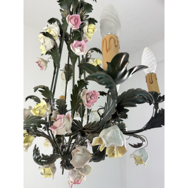 Florentine Six-Light Chandelier in Wrought Iron and Porcelain, 1970s For Sale - Image 10 of 11
