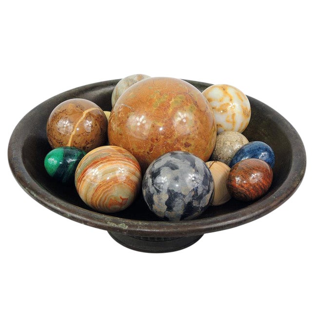 Vintage Polished Stone Decorative Eggs & Orbs With Footed Metal Bowl