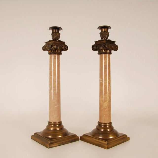 Metal Marble Column Candlesticks Beige Marble and Bronze Etruscan Pair Candle Holders Ionic Order Capital Tazza - Set of 3 Tariff Free Delivery For Sale - Image 7 of 12